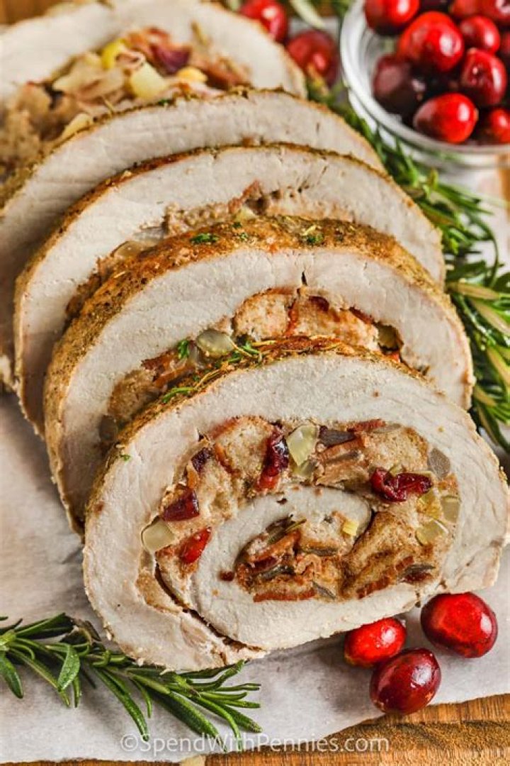 How long to bake stuffed pork roast per pound?