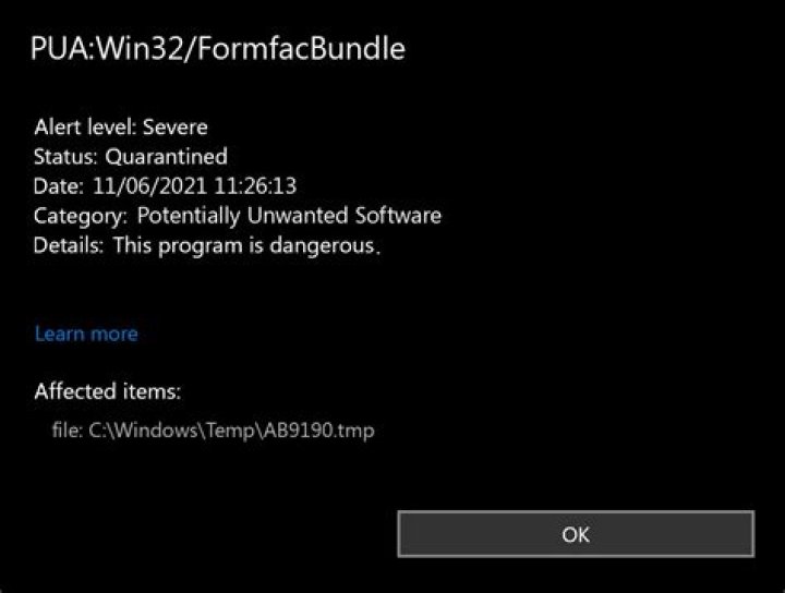 PUA:Win32/FormfacBundle (Formfac Bundle Potentially Unwanted Software) — Virus Removal Guide