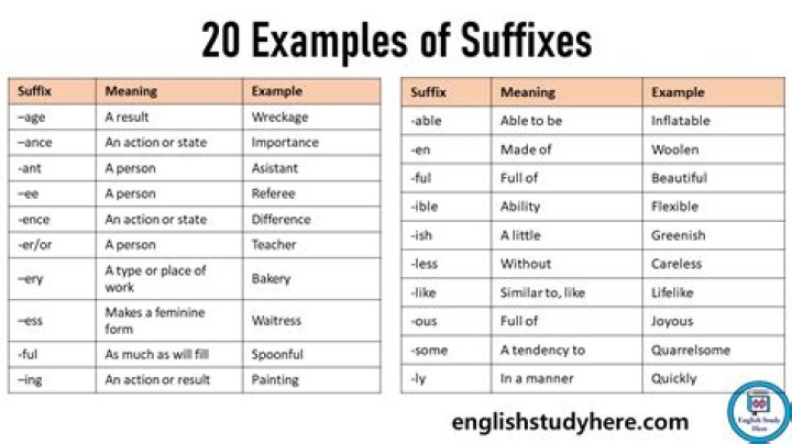 What are the 20 examples of suffixes?