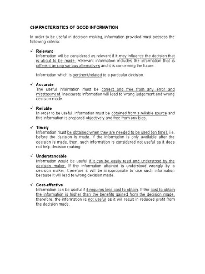 What are the 5 characteristics of good information?