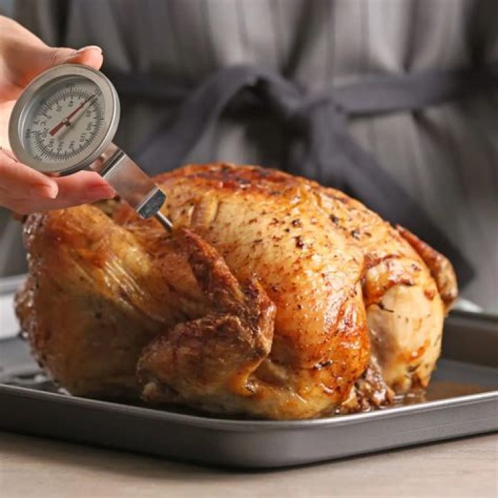 Where should you place the thermometer stem when checking the temperature of a chicken breast?